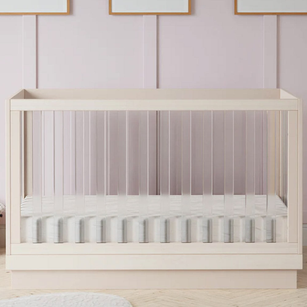 Modern acrylic-panel convertible crib with pine wood base – delivery to Glendale & Pasadena