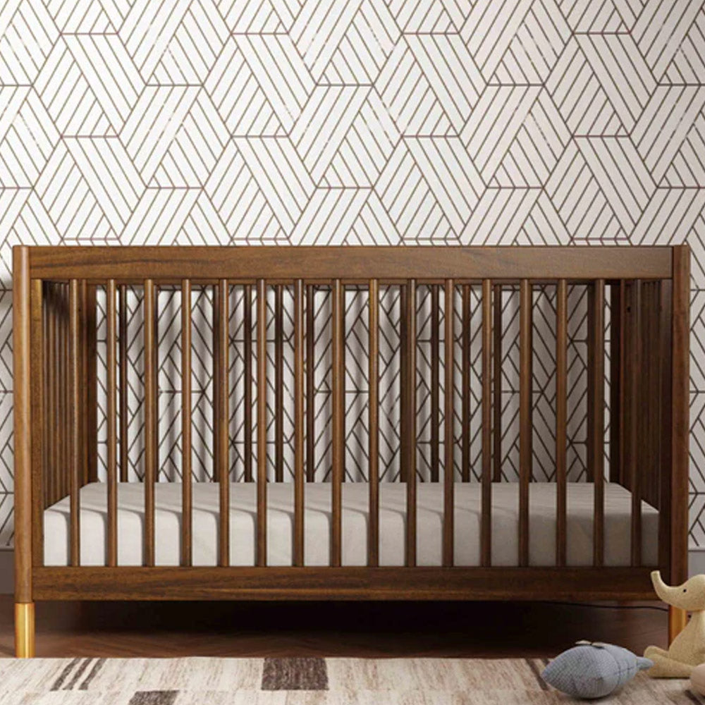 Natural walnut convertible crib with gold feet for Glendale
nurseries.
