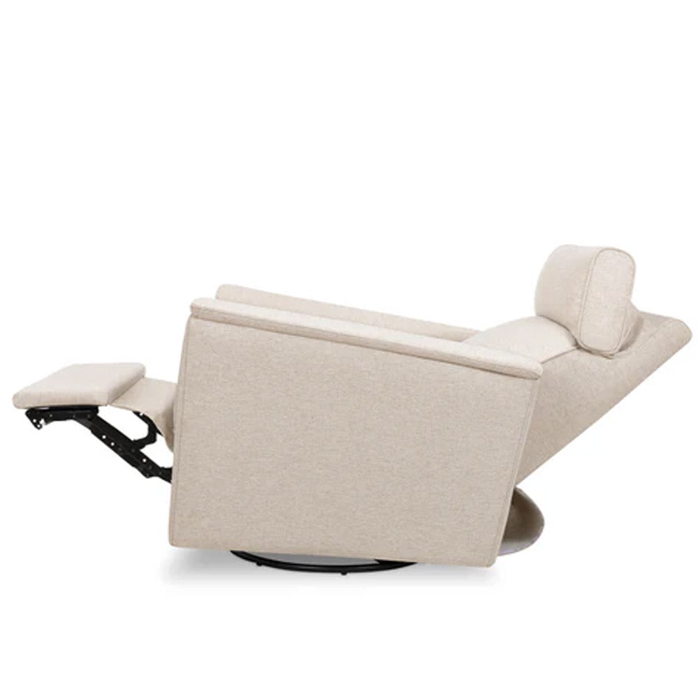 Side profile of Willa Plus power glider recliner with brushed finish and eco-weave fabric, modern nursery chair for Eagle Rock homes