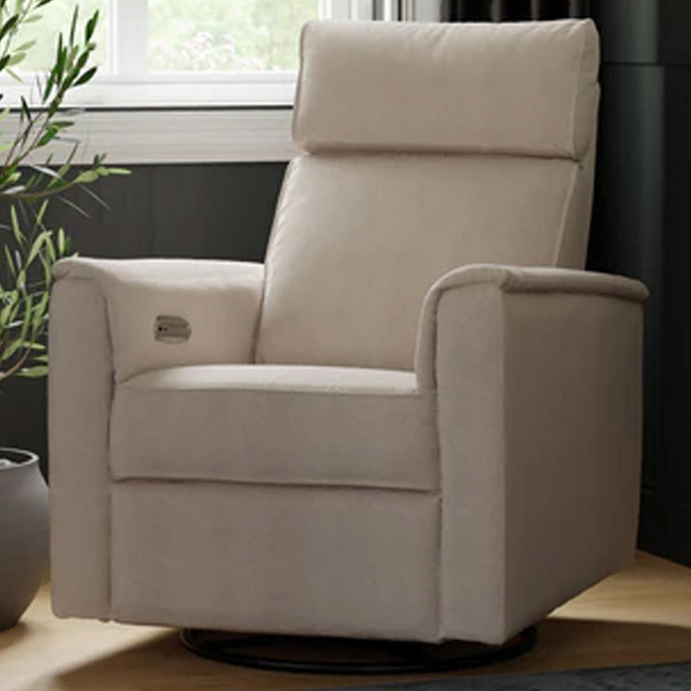 Front view of Willa Plus power glider recliner with power headrest in performance beach eco-weave, perfect for Los Angeles nurseries.