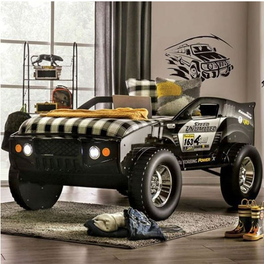 Black twin race car bed for kids – sleek and durable children’s car bed sold at Kids & Baby Superstore in Eagle Rock, Los Angeles near Pasadena & Glendale