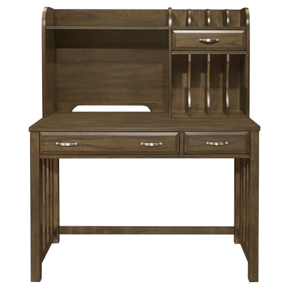 Brown-gray desk with hutch and drawers for Los Angeles homes.