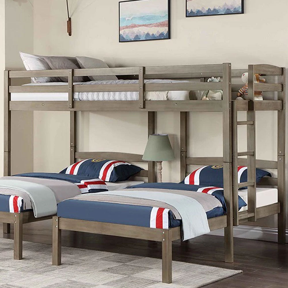 Triple twin bunk bed in gray with nightstand, USB port, and drawer β durable kids furniture available in Eagle Rock Los Angeles near Pasadena and Glendale.