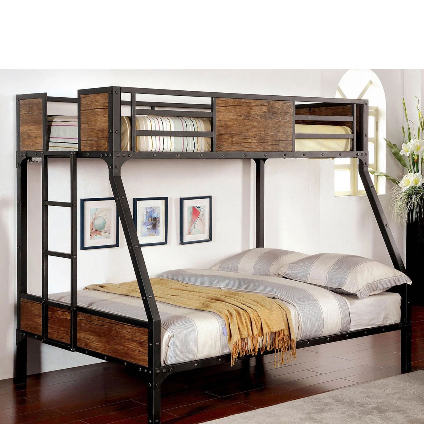 Black Industrial Twin Over Full Bunk Bed with Wood Panels