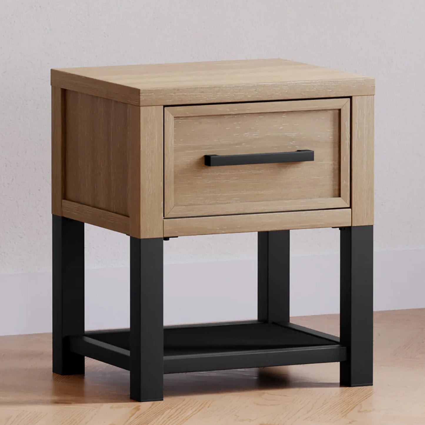 Driftwood kids nightstand with spacious drawer and open shelf, inspired by the Newbern collection, available at Kids Furniture Superstore in Los Angeles.