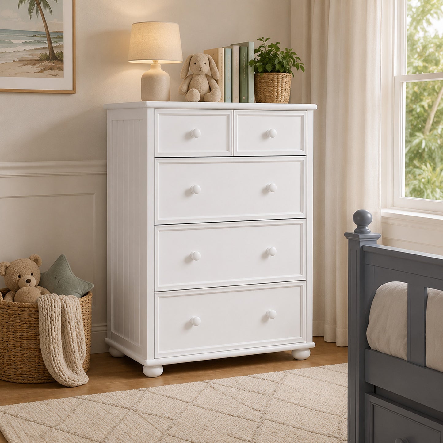 KFS-235 Coastal Cottage White 5-Drawer Chest crafted from environmentally friendly hardwood with full-extension drawers, ideal for kids, teen, guest, and vacation home bedrooms. Available at Kids Furniture Superstore serving Los Angeles, Pasadena, Glendale, Eagle Rock, Burbank, Highland Park, La Cañada Flintridge, and La Crescenta.