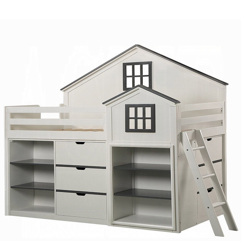 Gray and white house-shaped loft bed with built-in bookshelf for kids’ rooms in Glendale
