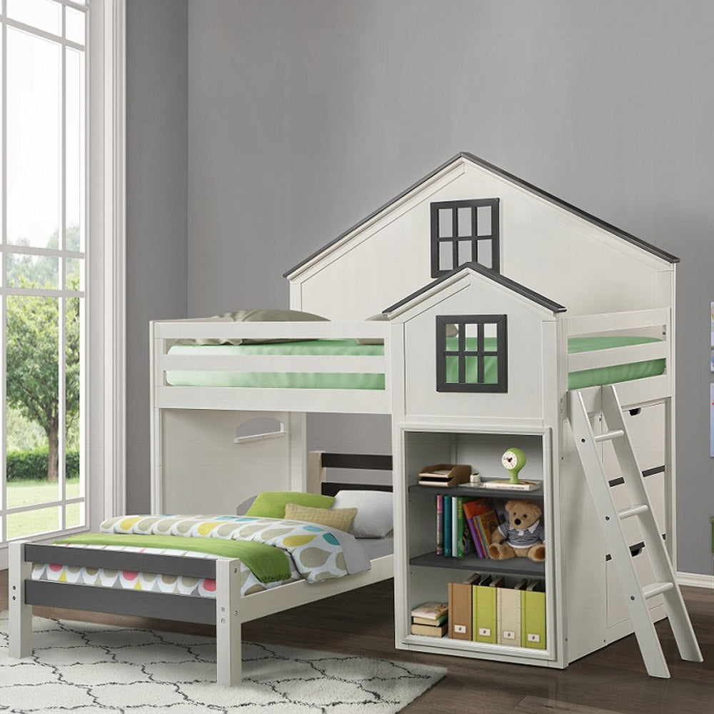Gray and white house-shaped loft bed with built-in bookshelf for kids’ rooms in Los Angeles