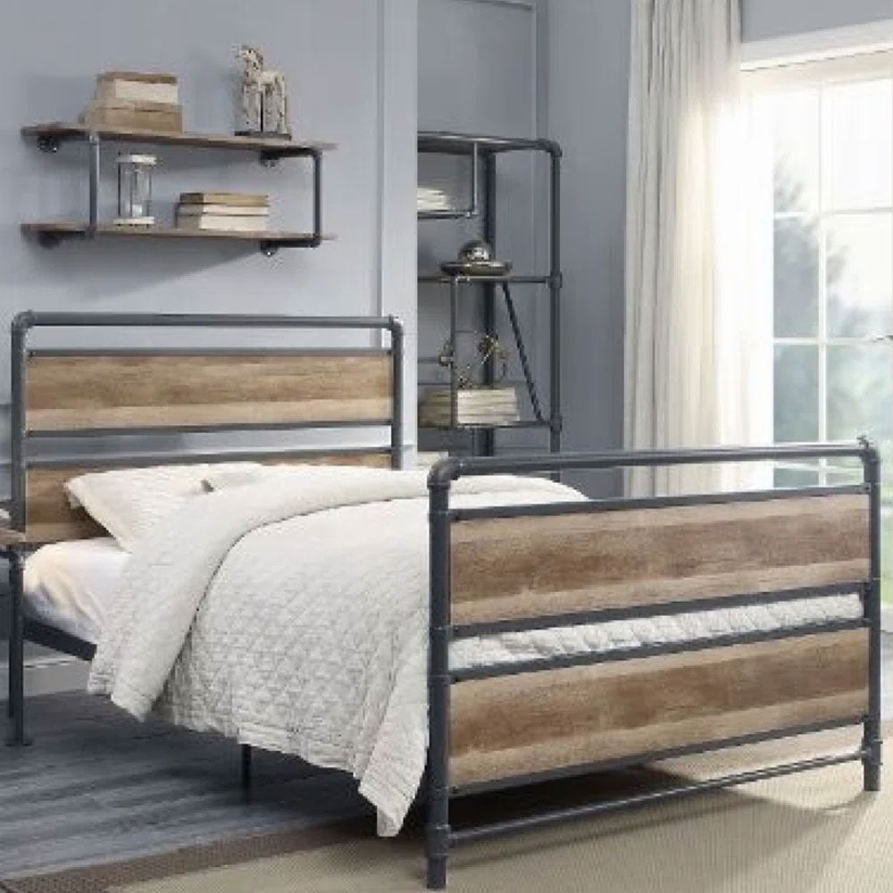 Industrial style full bed with antique oak panels and metal pipe frame – 35885F