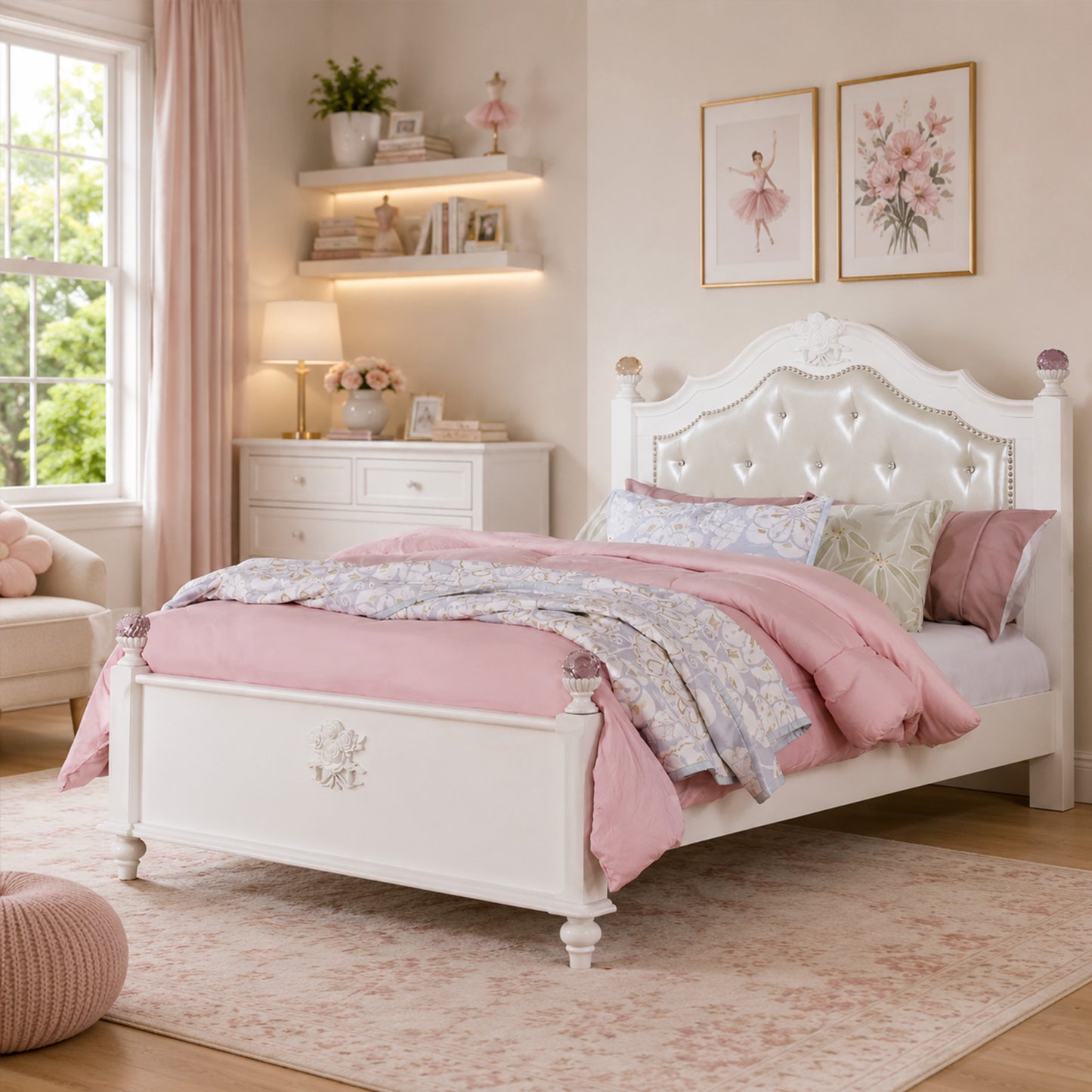 KFS-419 Traditional White Upholstered Bed featuring a padded button-tufted leatherette headboard, crystal-inspired accents, decorative nailhead trim, carved floral details, turned legs, and solid wood construction. Available at Kids Furniture Superstore serving Los Angeles, Eagle Rock, Pasadena, Glendale, Burbank, Highland Park, La Cañada Flintridge, and La Crescenta