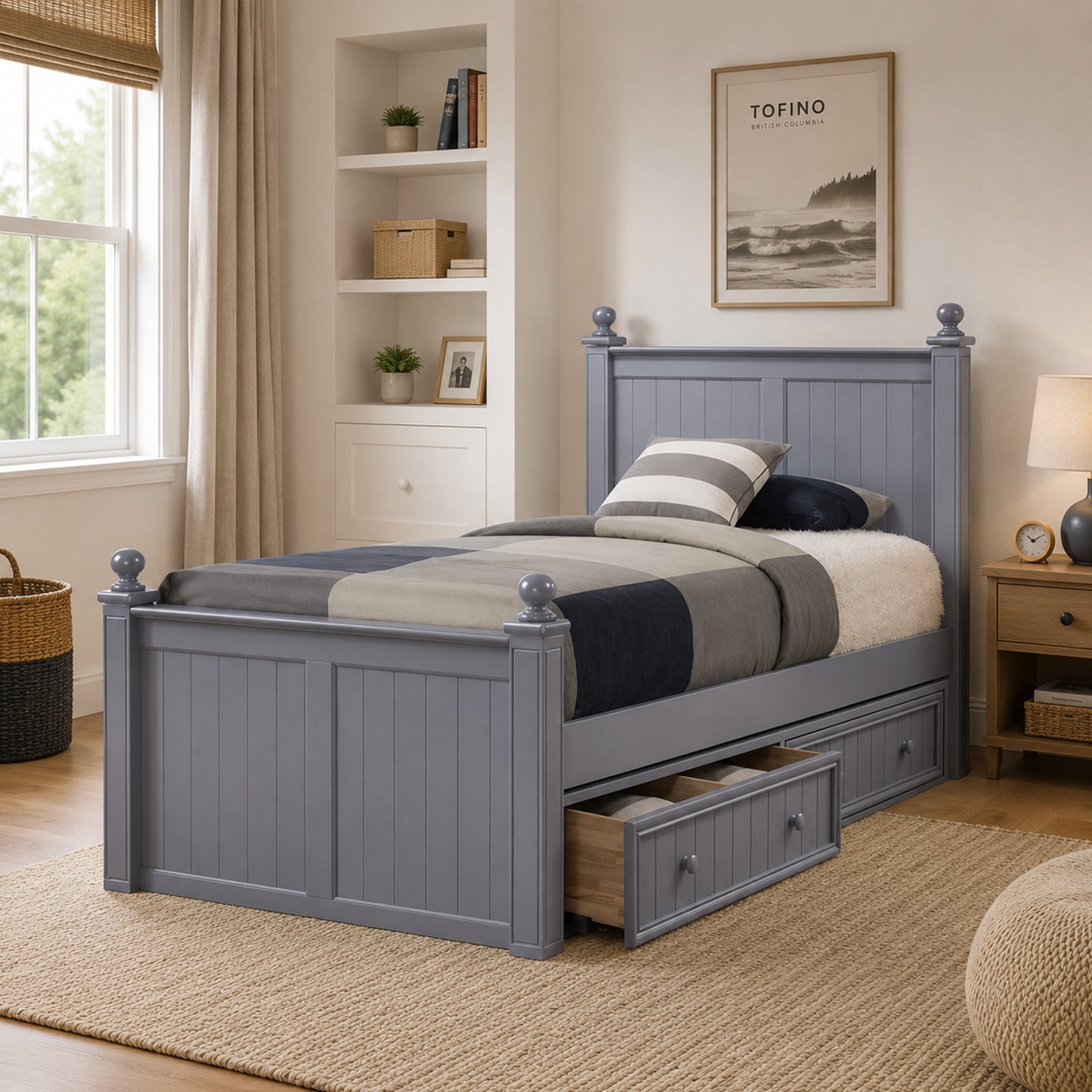 KFS-444 Coastal Cottage Gray Twin Bed featuring hardwood construction, beadboard detailing, a tall headboard, low footboard, removable decorative finials, Euro-slat support, and optional under-bed storage. Available at Kids Furniture Superstore serving Los Angeles, Pasadena, Glendale, Eagle Rock, Burbank, Highland Park, La Cañada Flintridge, and La Crescenta.