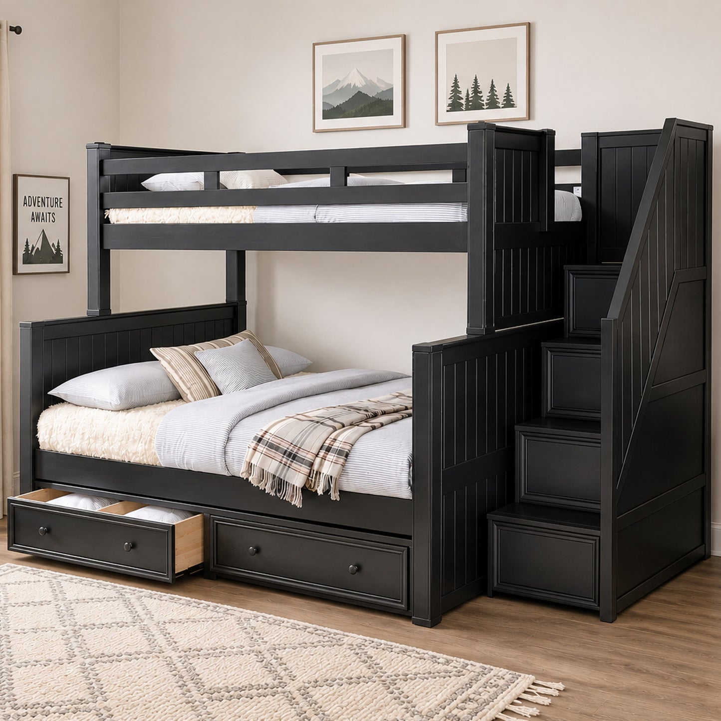 KFS-501 black bunk bed with four-drawer storage stairs, hardwood construction, and cottage styling for kids' and teen bedrooms at Kids Furniture Superstore serving Los Angeles and Southern California.