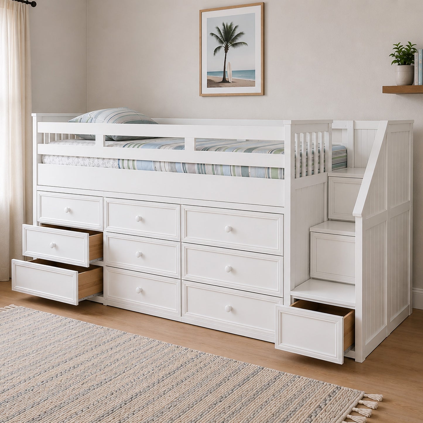 KFS-601 white full low loft bed with storage stairs and built-in drawers for kids and teen bedrooms at Kids Furniture Superstore serving Los Angeles, Pasadena, Glendale, Eagle Rock, and Southern California.