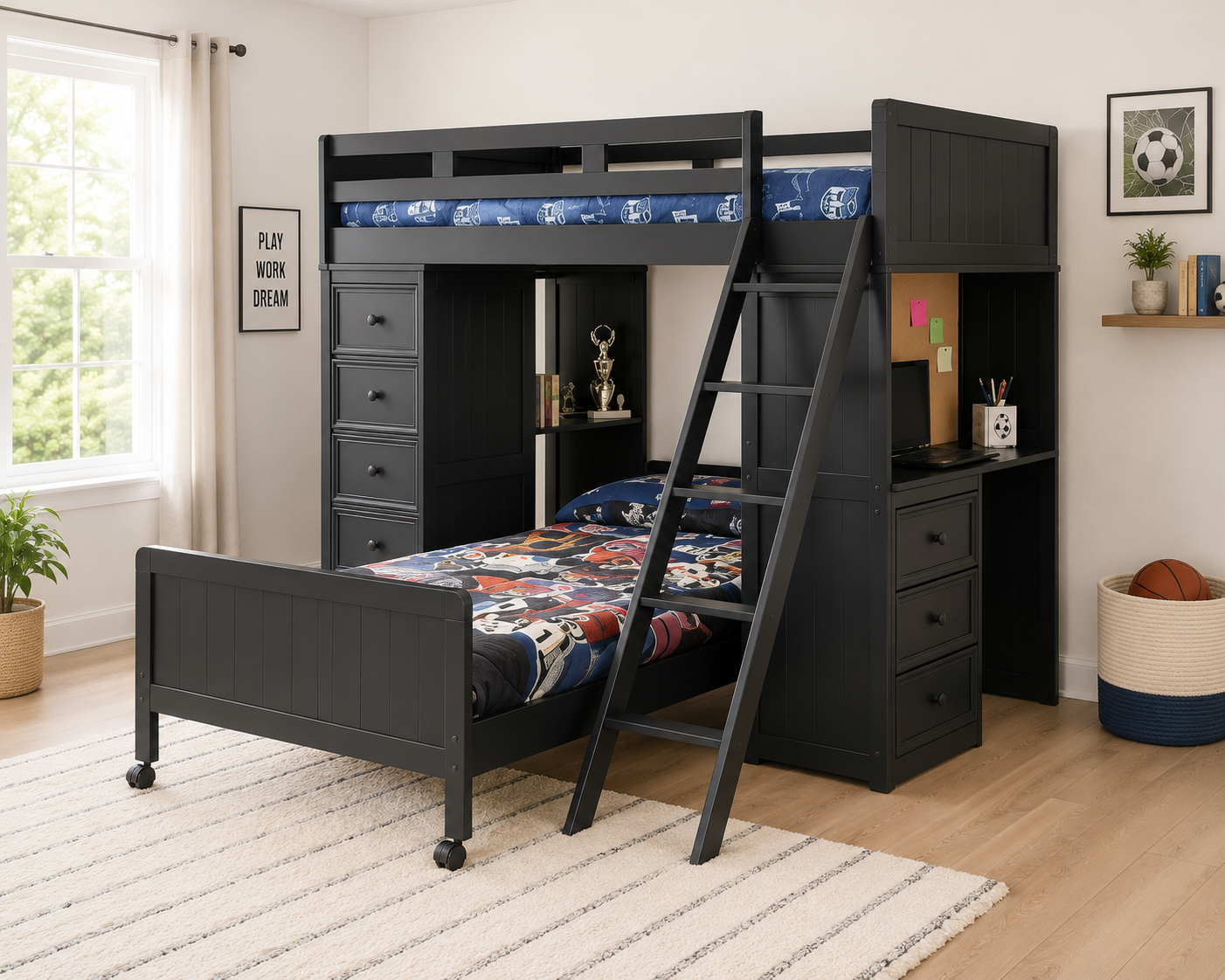 KFS-641 Black Twin Loft Bed with built-in desk, five-drawer storage chest, open shelving, corkboard panel, angled ladder, Euro-slat support, and optional rolling twin bottom bed. Available at Kids Furniture Superstore serving Los Angeles, Eagle Rock, Pasadena, Glendale, Burbank, Highland Park, La Cañada Flintridge, and La Crescenta.
