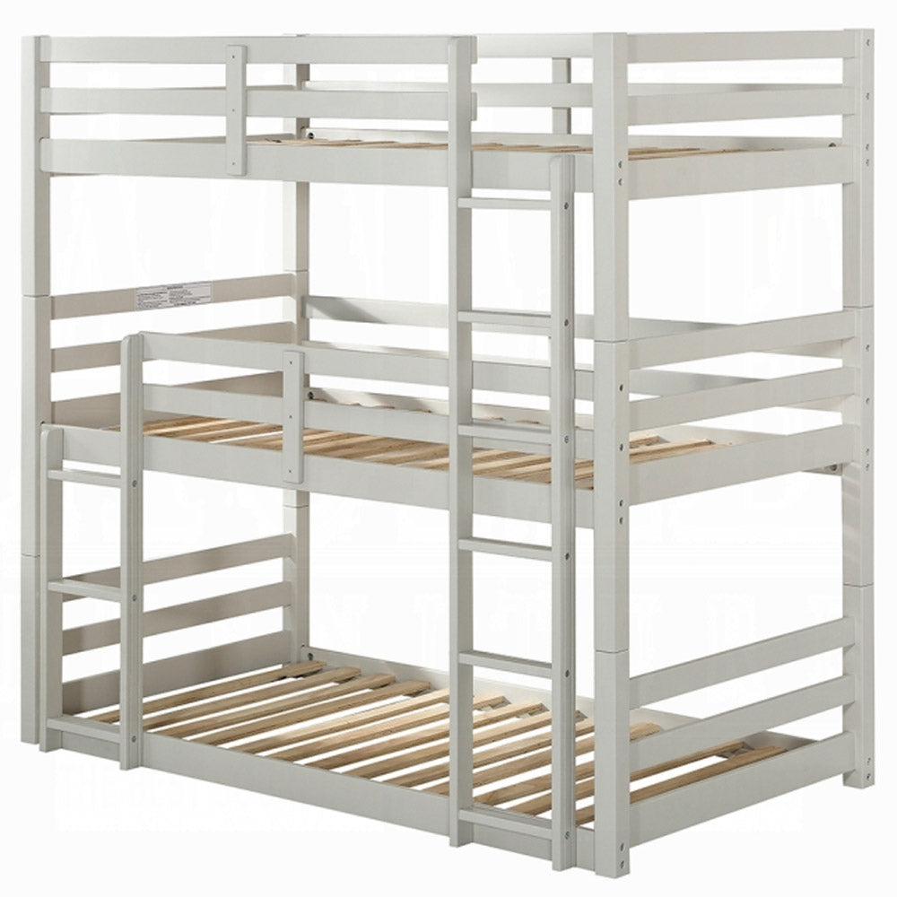 Light gray triple twin wooden bunk bed with guard rails and ladders for Pasadena kids’ bedrooms.