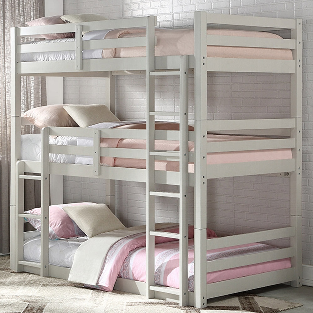 Light gray triple twin wooden bunk bed with guard rails and ladders for Pasadena kids’ bedrooms.