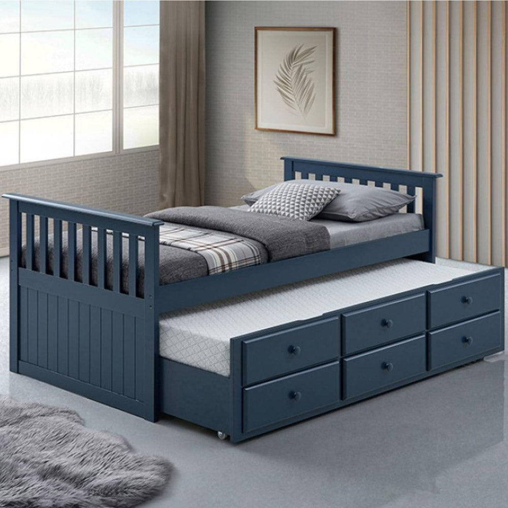 Midnight blue twin bed with trundle drawers in Eagle Rock, Los Angeles
