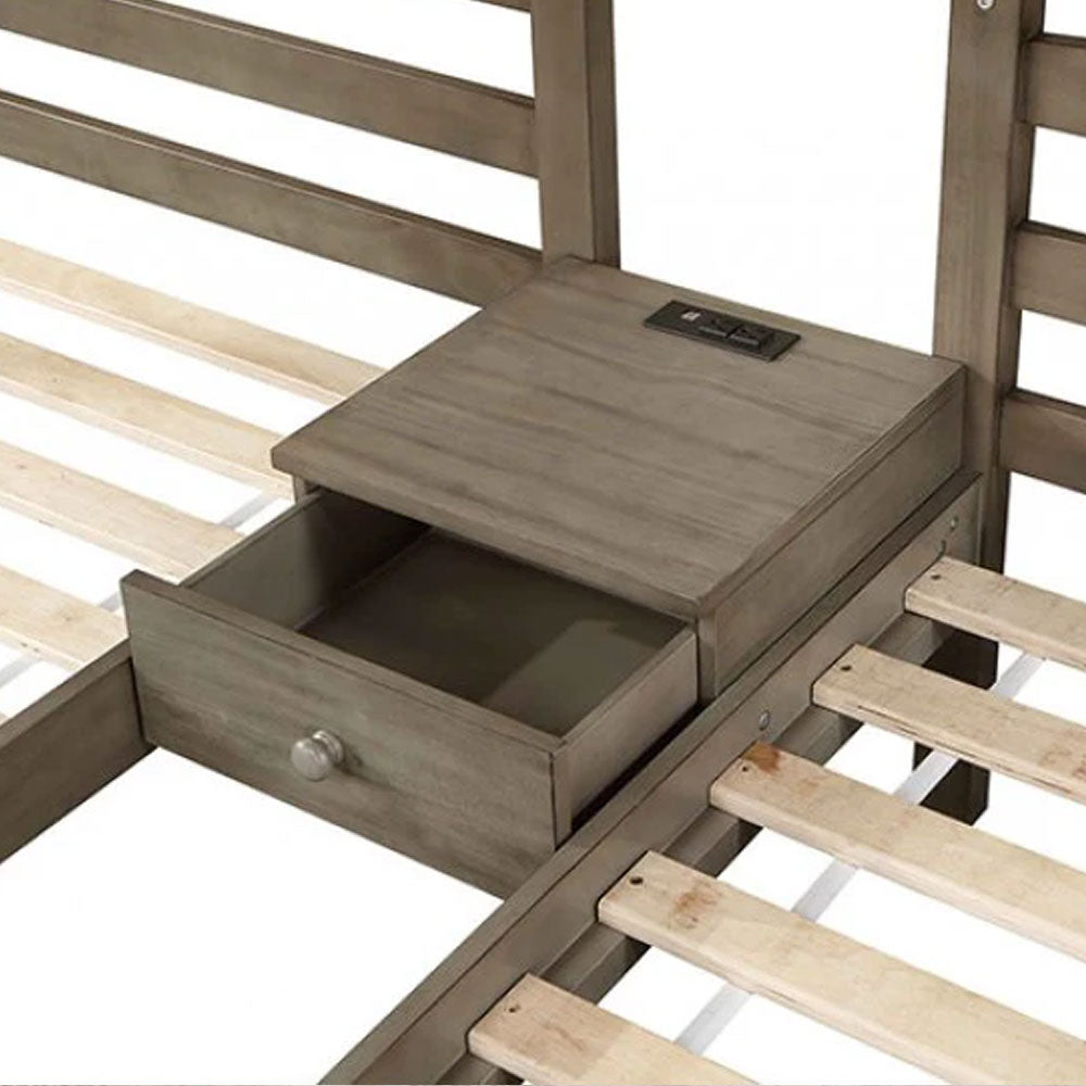 Modern gray triple bunk bed for kids with loft design and built-in nightstand available at Kids & Baby Superstore in Eagle Rock Los Angeles, serving Pasadena and Glendale.