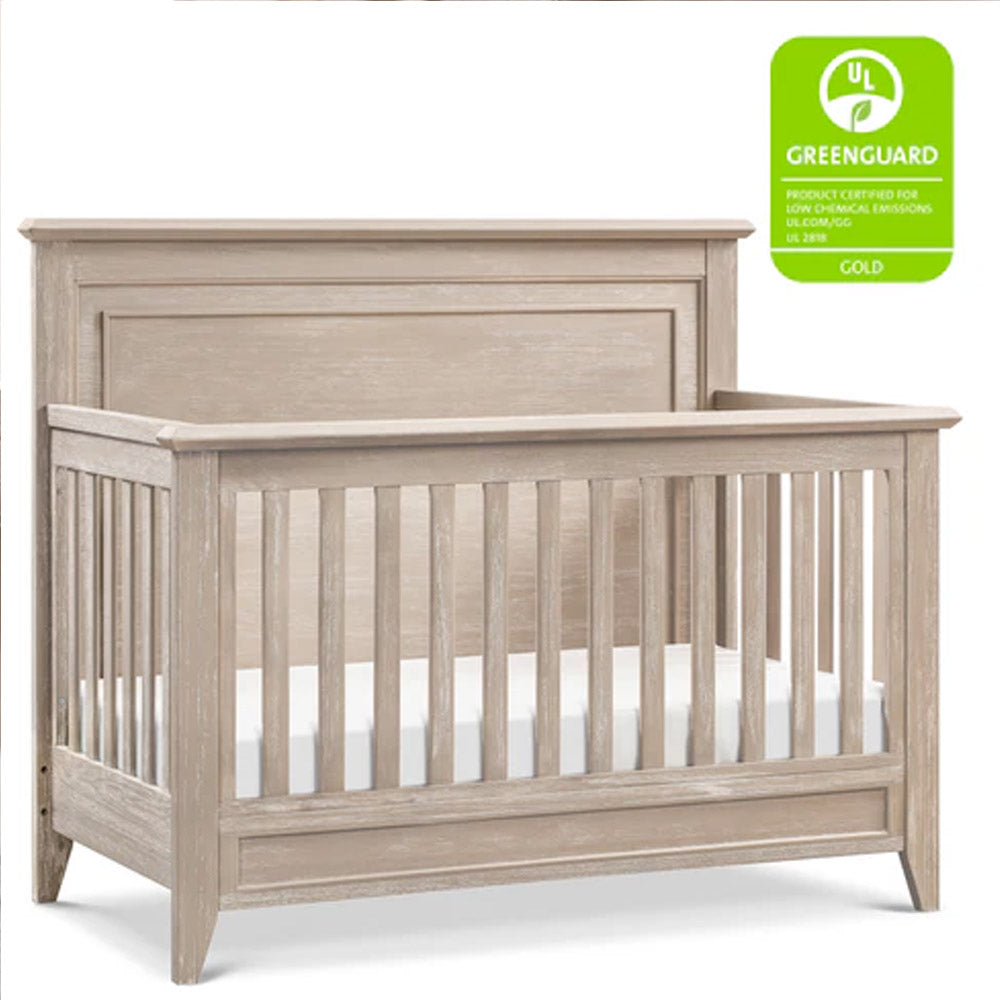 Side profile of Beckett rustic convertible crib in sandbar finish, perfect for modern and farmhouse-style nurseries in Los Angeles