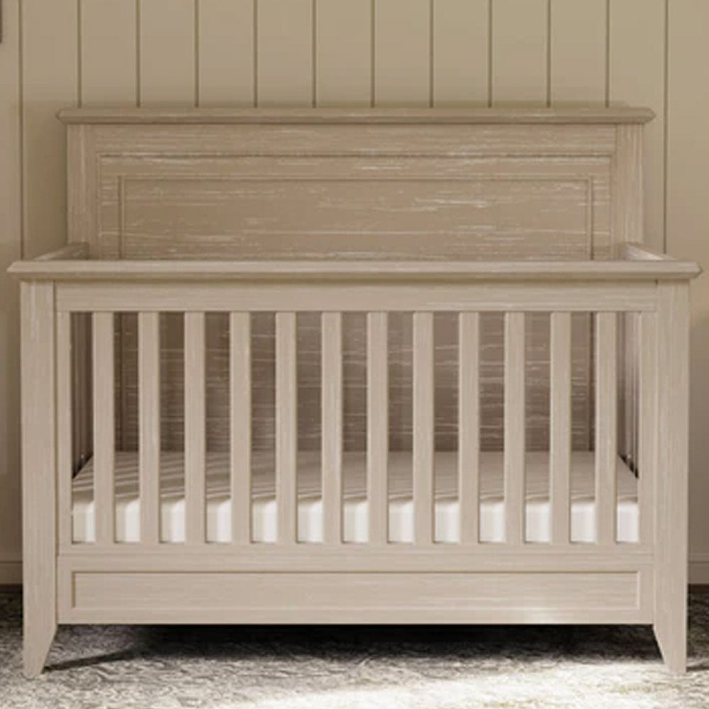 Beckett rustic 4-in-1 convertible flat top crib in sandbar finish, timeless nursery furniture for Los Angeles, Eagle Rock, Pasadena, and Glendale.
