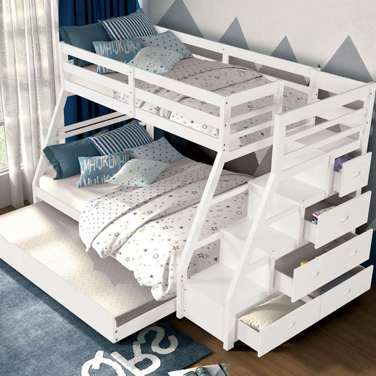 Kids White Staircase Bunk Bed for Shared Bedrooms