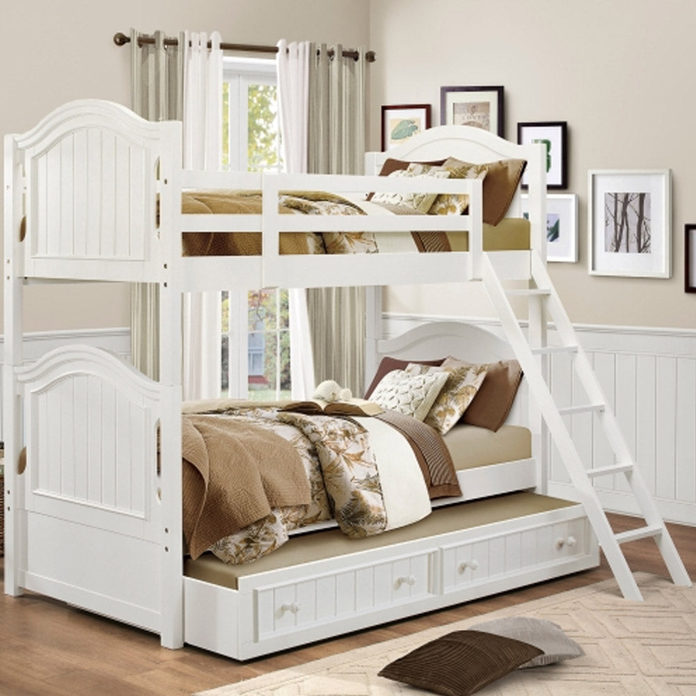 White twin bunk bed with pull-out trundle and guard rails, available in Eagle Rock, Los Angeles