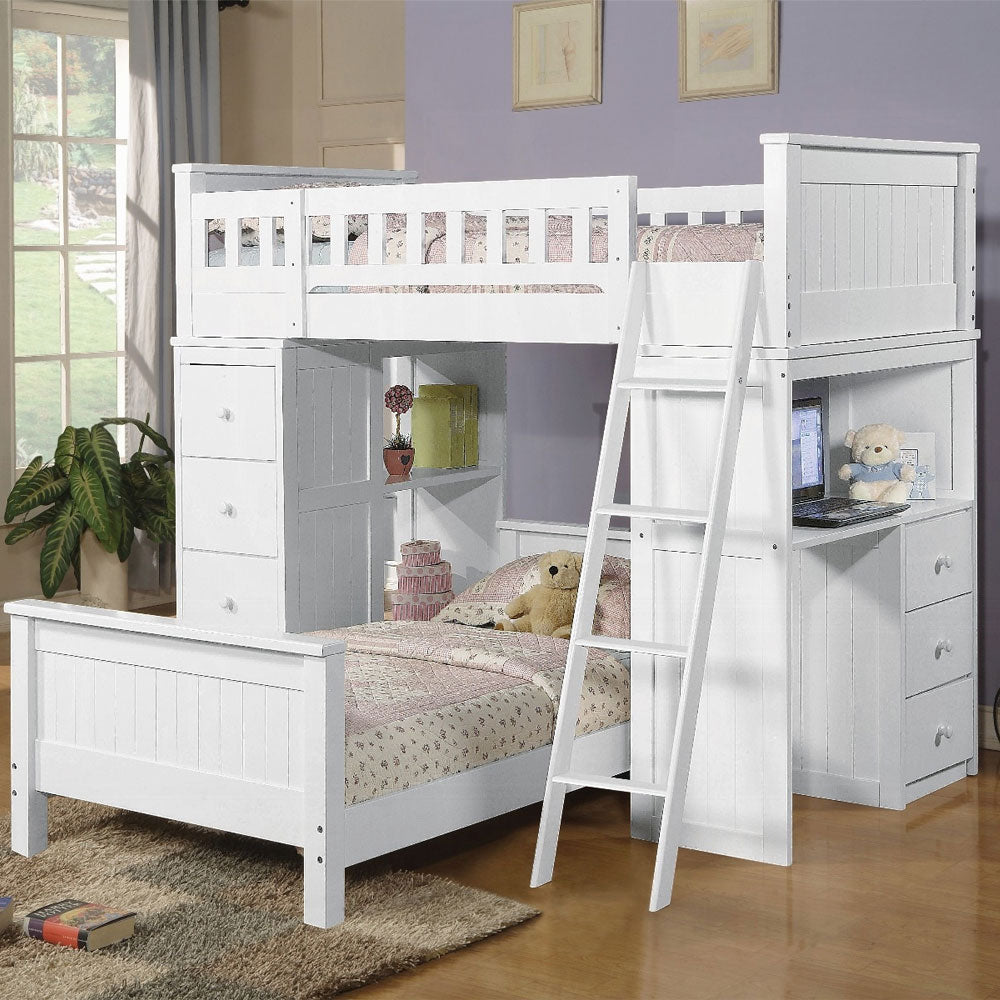 Space-saving white twin loft bed with built-in desk and drawers for kids' rooms in Los Angeles