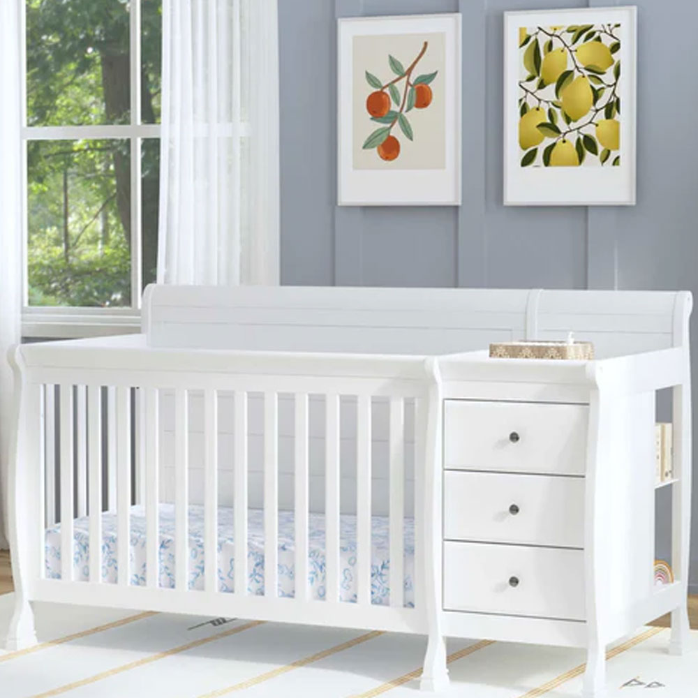 White convertible crib with built-in changing table – nursery furniture Los Angeles