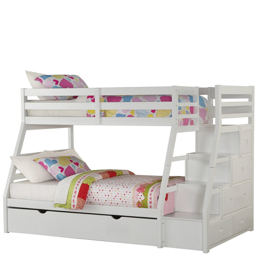 White twin over full bunk bed with staircase drawers and pull-out trundle for Glendale kids’ bedrooms.