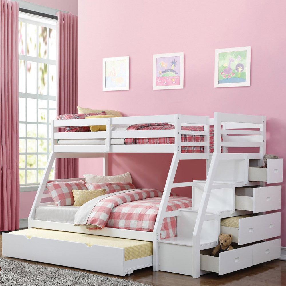 White twin over full bunk bed with staircase drawers and pull-out trundle for Los Angeles kids’ bedrooms.