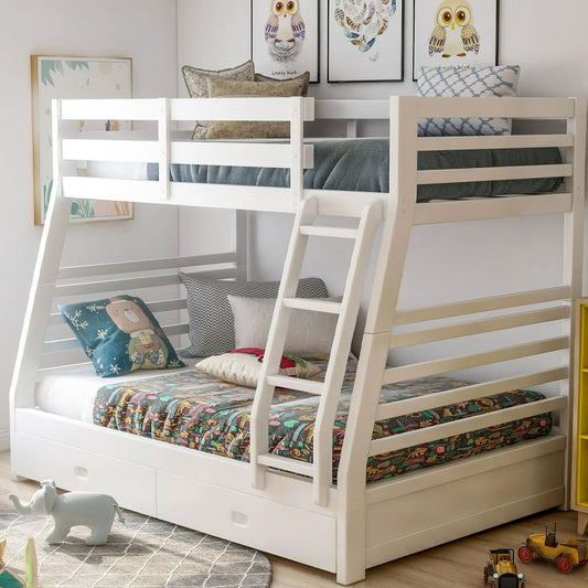 White twin over full bunk bed with storage drawers and ladder — modern kids furniture from Kids & Baby Superstore Eagle Rock Los Angeles, serving Pasadena and Glendale.