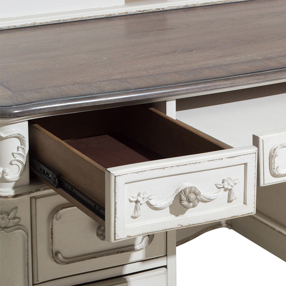 Antique white Victorian-style writing desk with floral hardware and multiple drawers, perfect for kids’ rooms in Pasadena.