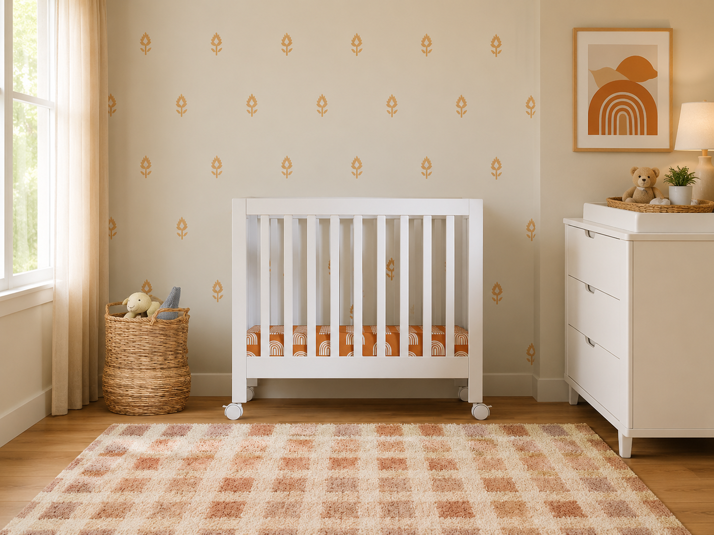 Premium white mini crib in a beautifully styled nursery at Kids Furniture Superstore in Los Angeles. Modern baby furniture for small spaces with nursery storage, serving families in Los Angeles, Pasadena, Glendale, Burbank, and Eagle Rock