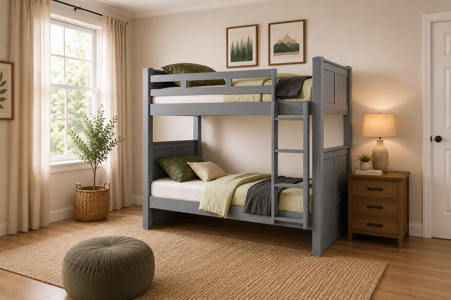 Gray twin over twin bunk bed in a bright modern kids bedroom with neutral décor and natural light. Shop premium twin over twin bunk beds at Kids Furniture Superstore in Los Angeles with white glove delivery, financing, and expert local showroom service.