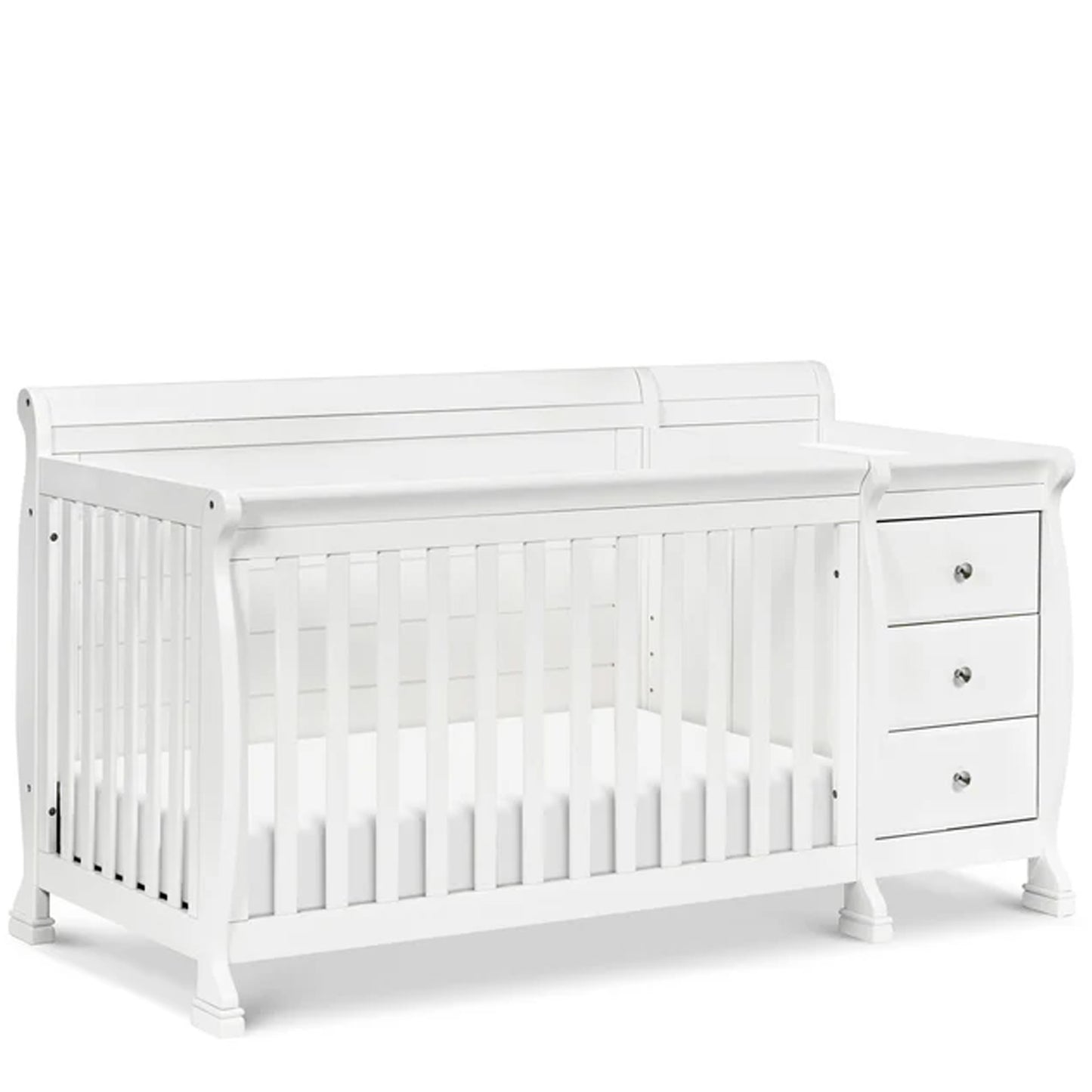 Premium convertible crib with storage drawers and changing station displayed as full-size crib, toddler bed, daybed, and full-size bed.