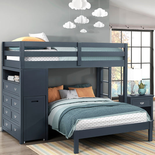 Twin over full navy bunk bed with 7 storage drawers and rolling desk – ideal for kids in Los Angeles