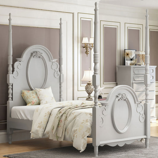 Gray twin poster bed with floral accents for kids in Los Angeles