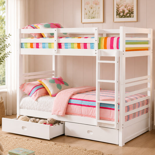 KFS-5005 White Twin Over Twin Storage Bunk Bed featuring hardwood construction, two built-in storage drawers, modern horizontal slat design, Euro-slats, full-length guardrails, and an attached ladder. Available at Kids Furniture Superstore serving Los Angeles, Eagle Rock, Pasadena, Glendale, Burbank, Highland Park, La Cañada Flintridge, and La Crescenta.
