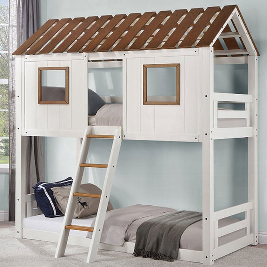 House-shaped twin bunk bed with windows, pitched roof, and rustic oak finish, available in Los Angeles