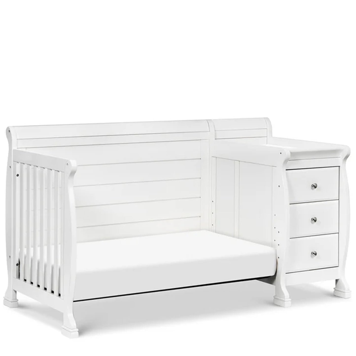 Modern white baby crib with changing station featuring adjustable mattress heights and four-stage bed conversion.