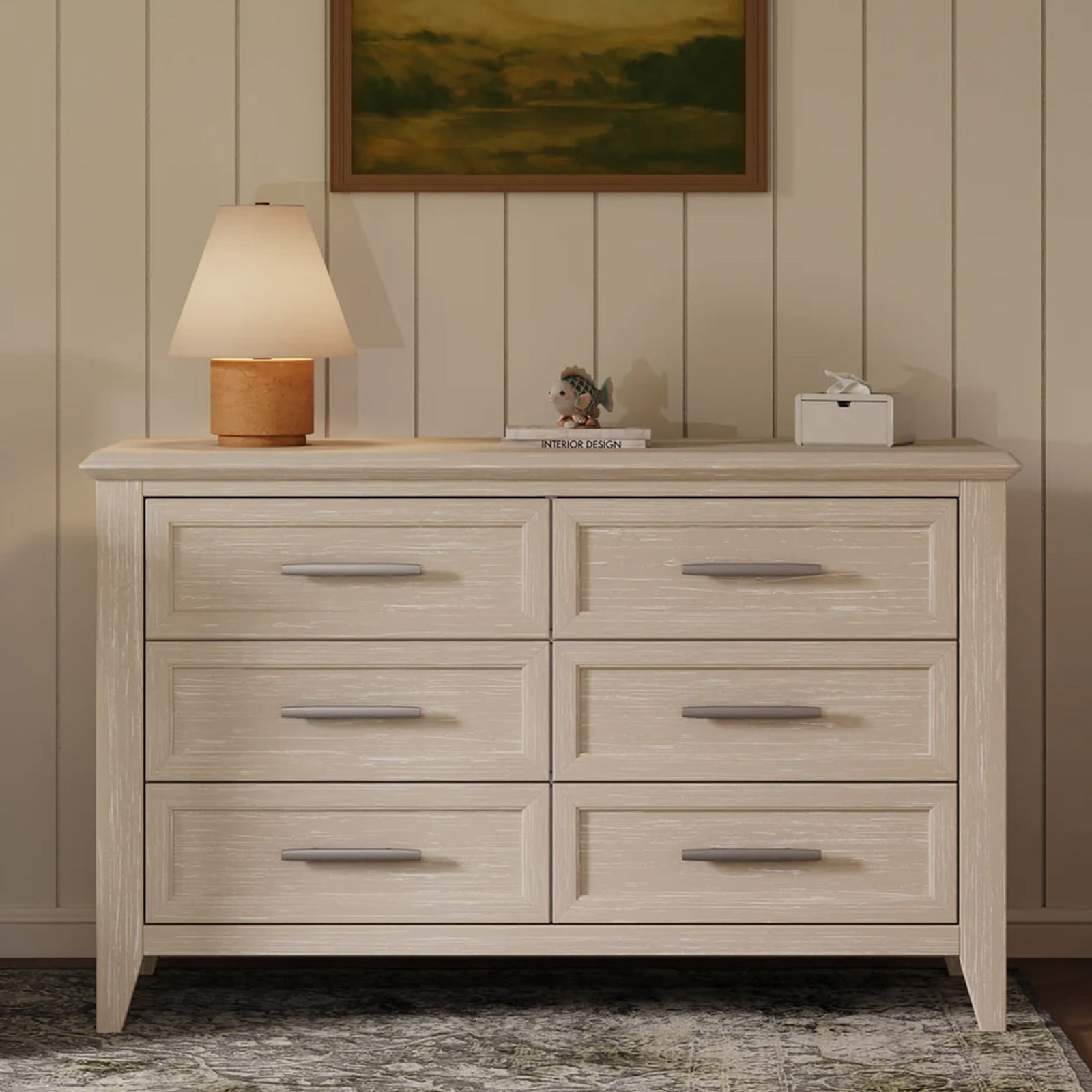 Namesake Barrow dresser featuring six smooth-glide drawers, rustic textured finish, and premium nursery storage furniture design