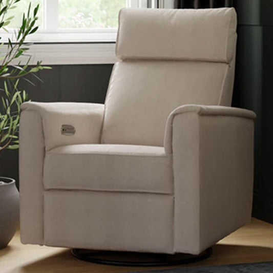 Front view of Willa Plus power glider recliner with power headrest in performance beach eco-weave, perfect for Los Angeles nurseries.