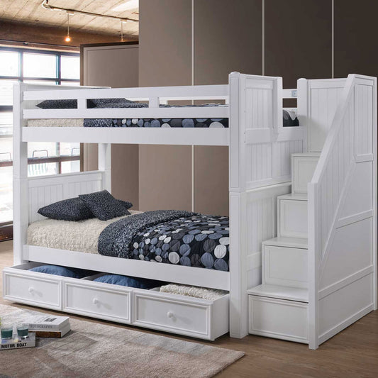 White Bunk Bed with Stairs, Storage Drawers & Optional Trundle – Kids & Teens