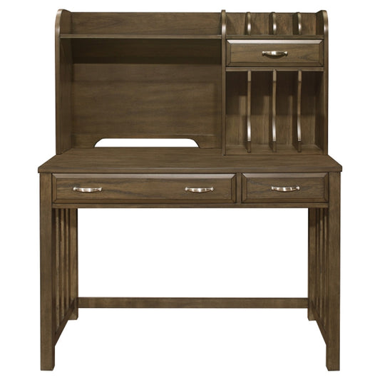 Brown-gray desk with hutch and drawers for Los Angeles homes.