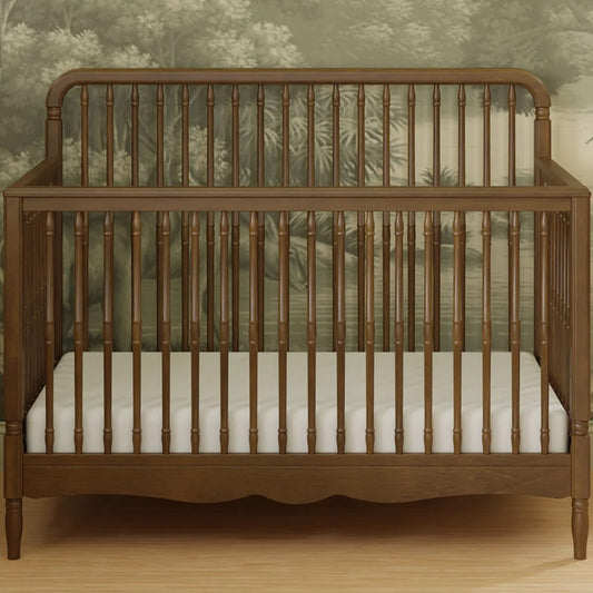 Natural Walnut 4-in-1 Convertible Spindle Crib at Kids Furniture Superstore in Los Angeles.