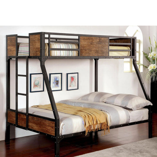Black Industrial Twin Over Full Bunk Bed with Wood Panels