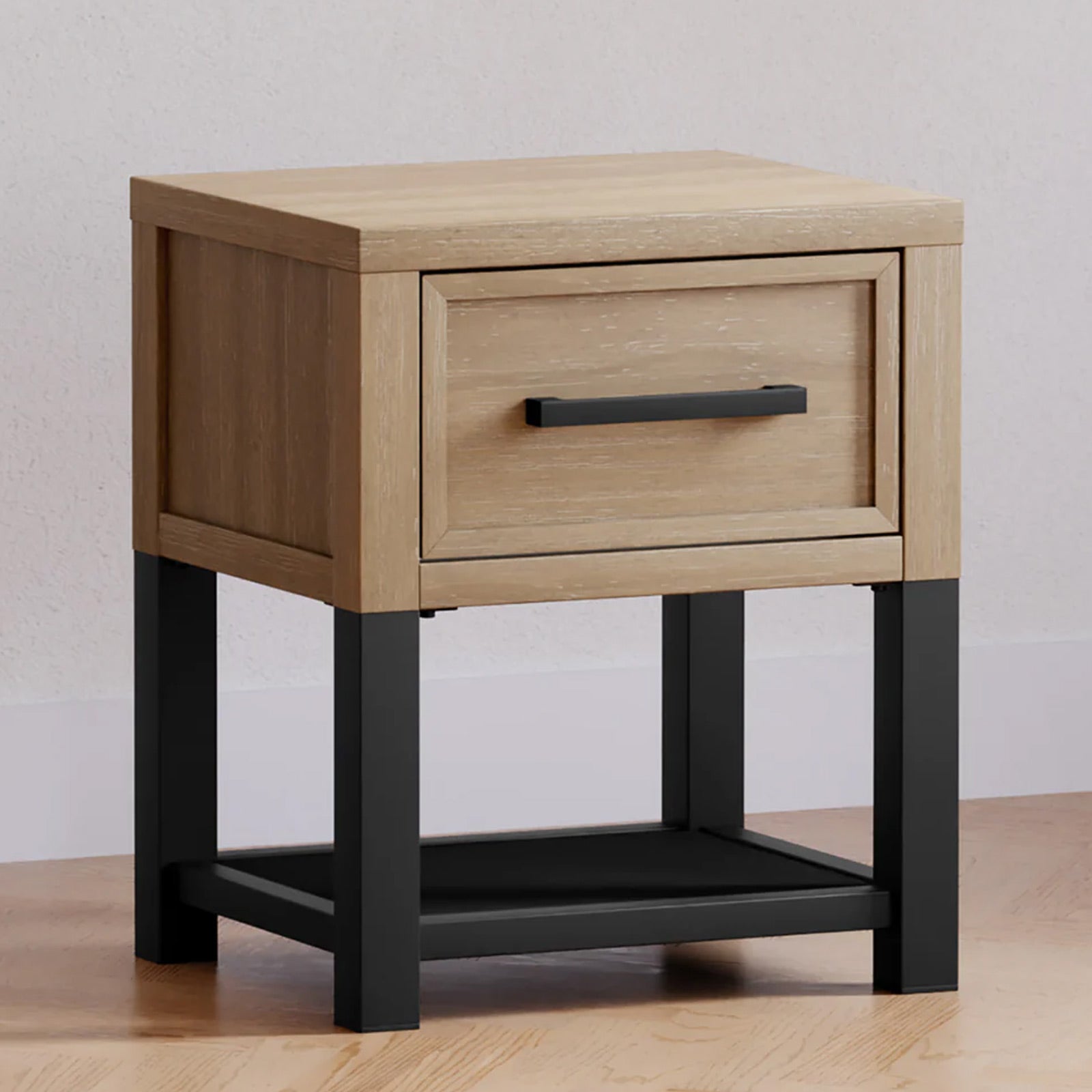 Driftwood kids nightstand with spacious drawer and open shelf, inspired by the Newbern collection, available at Kids Furniture Superstore in Los Angeles.