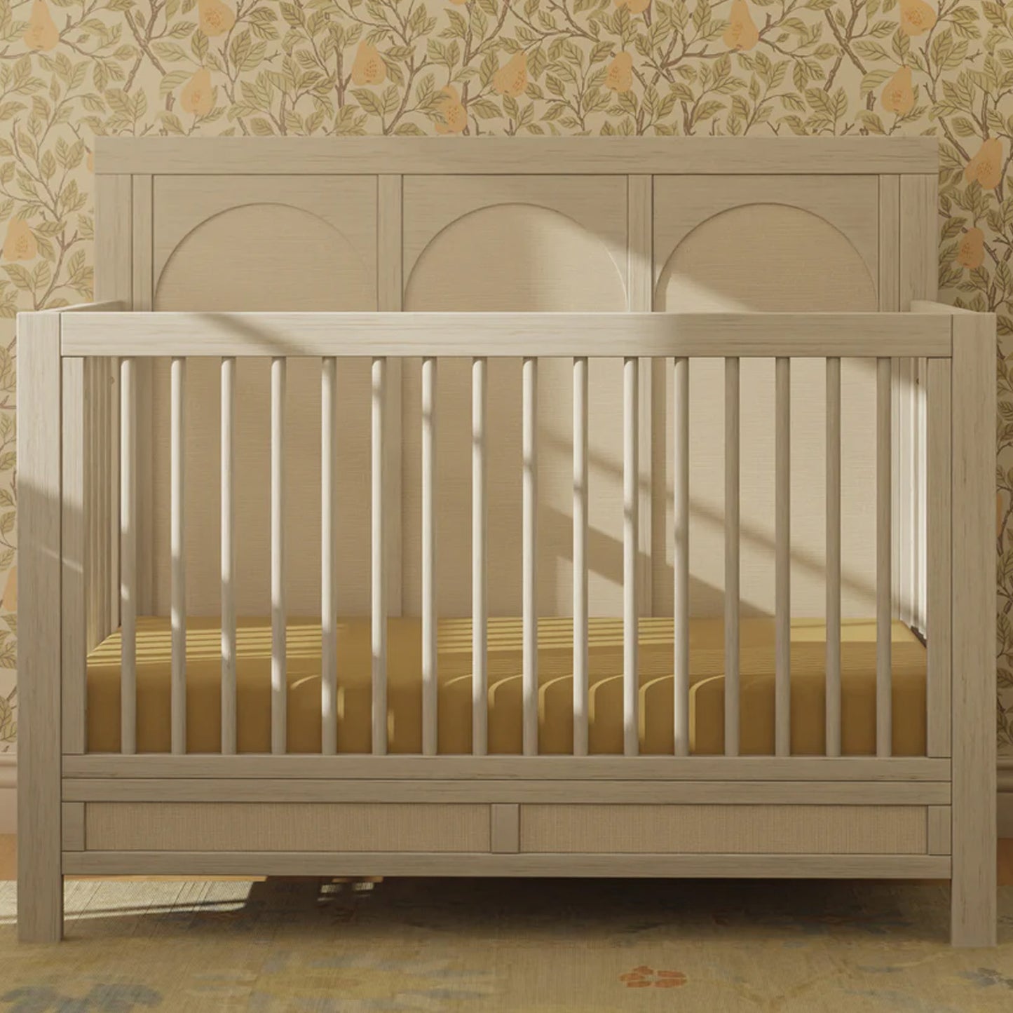 KFS-611 Heritage Upholstered 4-in-1 Convertible Crib in White Driftwood