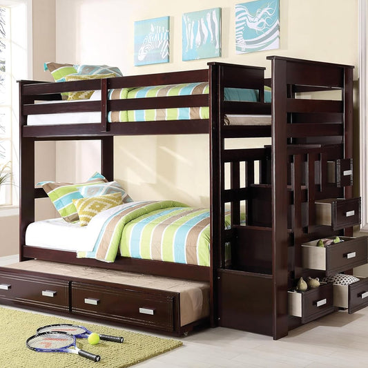Espresso twin over twin bunk bed with staircase drawers and trundle for kids in Los Angeles, Pasadena, Glendale, and Highland Park.