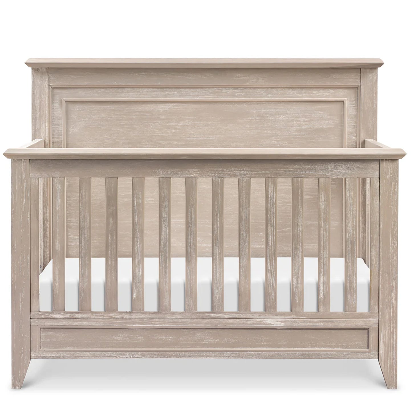 Elegant rustic nursery crib with a clean flat top silhouette for a warm, inviting baby room